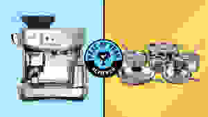 A blue and yellow split collage for the 2024 Reviewed Best of Year awards featuring the Breville Barista Touch Impress and  All-Clad D3 Everyday Stainless-steel Cookware Set.