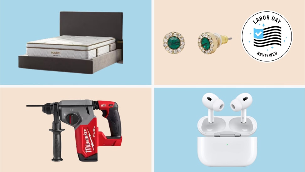 A collection of discounted products with the Labor Day Reviewed badge in front of colored backgrounds.