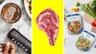 Various items from meal kit delivery services in front of different backgrounds.