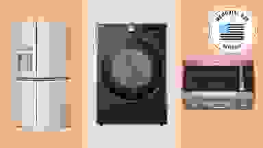 Various appliances with the Memorial Day Reviewed badge in front of colored backgrounds.