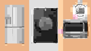 Various appliances with the Memorial Day Reviewed badge in front of colored backgrounds.