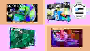 Various TVs with the Memorial Day Reviewed badge in front of colored backgrounds.