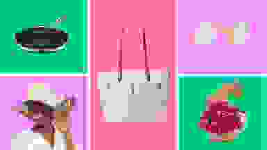 A collection of Mother's Day gift items in front of colored backgrounds.