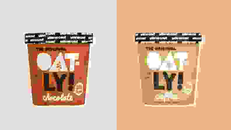 Two pints of dairy free ice cream from Oatly side by side.
