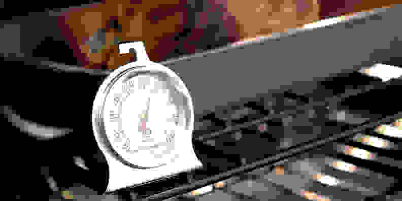 Admetior oven thermometer inside an oven next to a roasting pan with food inside.