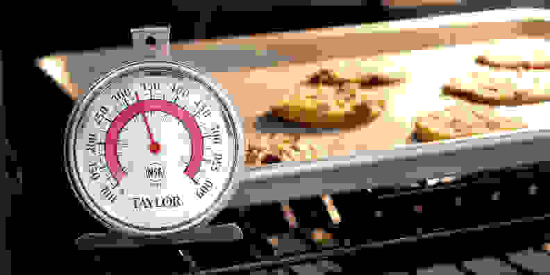 Taylor thermometer sits inside an oven in front of a tray of baking cooking.
