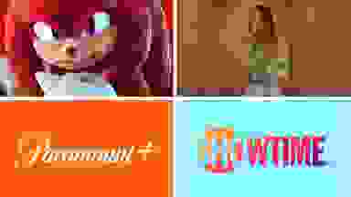 The logos for Paramount+ and Showtime near images from the shows "Knuckles" and "The Curse."