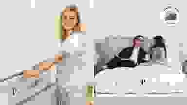 person next to a PlushBeds mattress, couple laying on a PlushBeds mattress