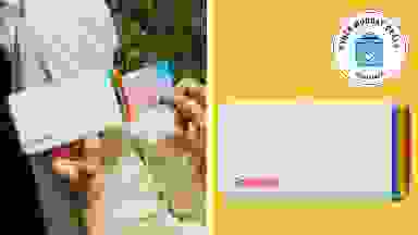 Someone holding a Polaroid Hi-Print portable printer next to the same model with a Cyber Monday Deals Reviewed badge in front of a colored background.