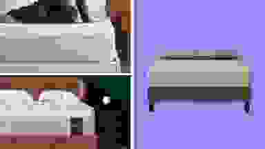 Two mattress corners in bedroom settings next to a mattress in front of a colored background.