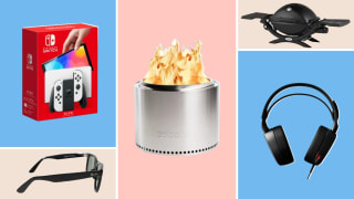 Some of the best gifts for men, including Ray-Bans, a Nintendo Switch OLED, Weber Q1200, SteelSeries head phones, and a Solo Stove appear on a multicolored background.