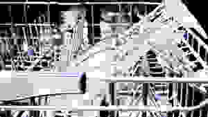 A close-up of a dishwasher's upper rack, showing wine glasses resting in stemware holders.