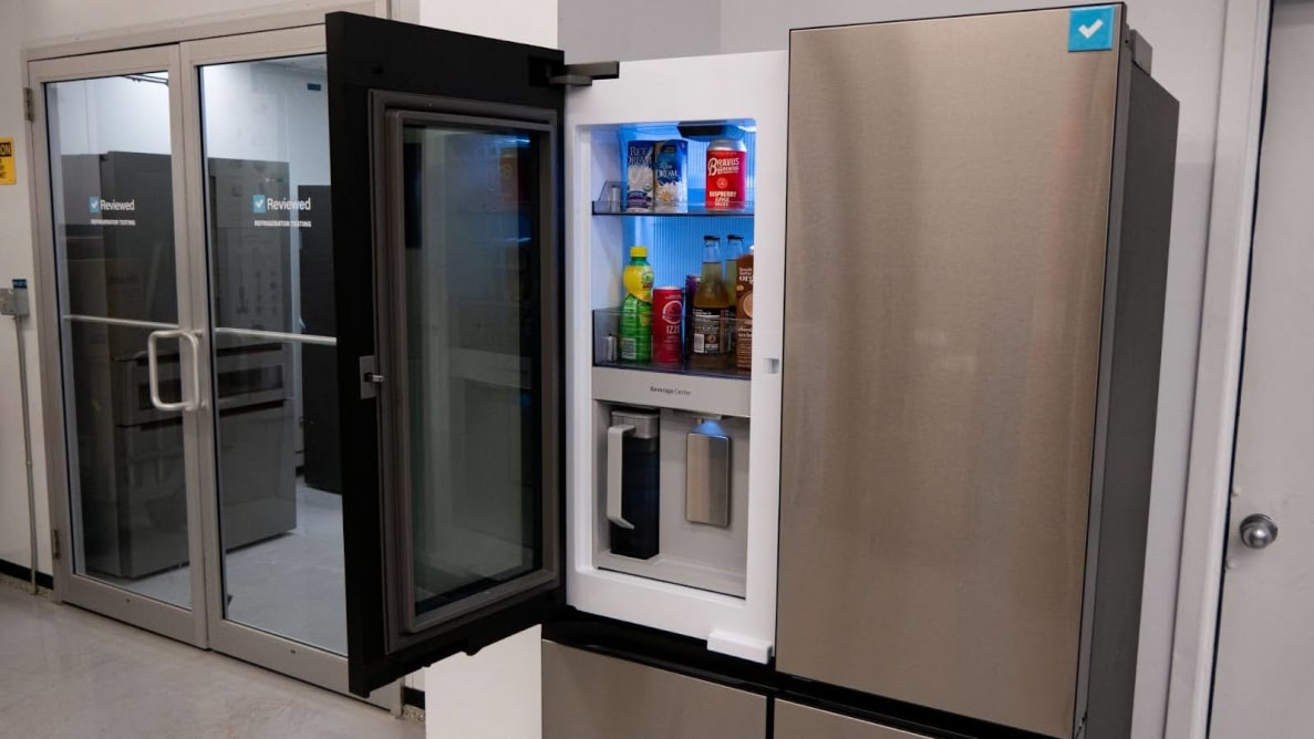 The Samsung Bespoke Refrigerator RF23DB9700QL inside of the Reviewed testing lab nestled between two doors.