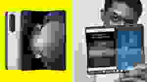A Samsung Galaxy Z Fold 5 smartphone in front of a colored background next to someone holding the same smartphone.