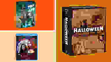 A collection of Scream Factory Blu-rays in front of colored backgrounds.
