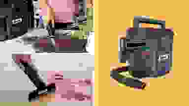 The Shark Mess Master vacuum being used in various spots next to the Shark Mess Master vacuum in front of a colored background.