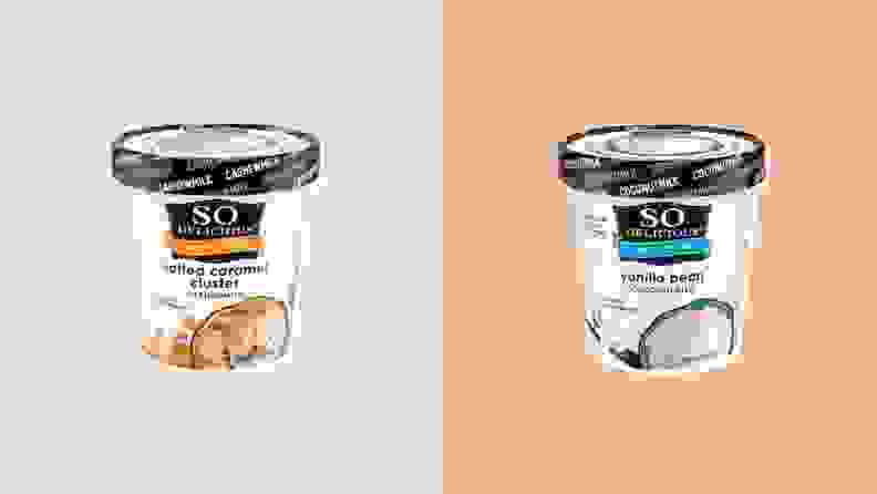 Two pints of dairy free ice cream from So Delicious side by side.