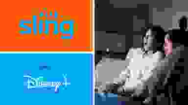 The logos for Disney+ and Max next to a couple holding a TV remote.