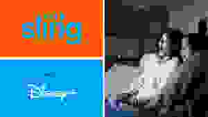 The logos for Disney+ and Max next to a couple holding a TV remote.