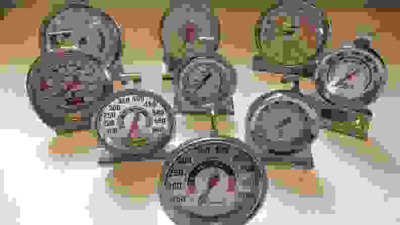 Nine of the best oven thermometers sit on a counter.