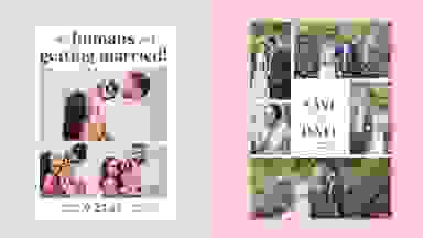 Two save the date cards shown side by side. Each card a collage of images, one with a couple with a dog. The other a couple photoshoot.