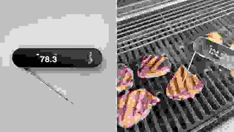 Left: The Typhur InstaProbe on a gray background. Right: A person using the Typhur InstaProbe to measure the temperature of chicken on a grill.