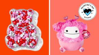 Bulbasaur plus, Caparinne Squishmallow on a pink a red background.