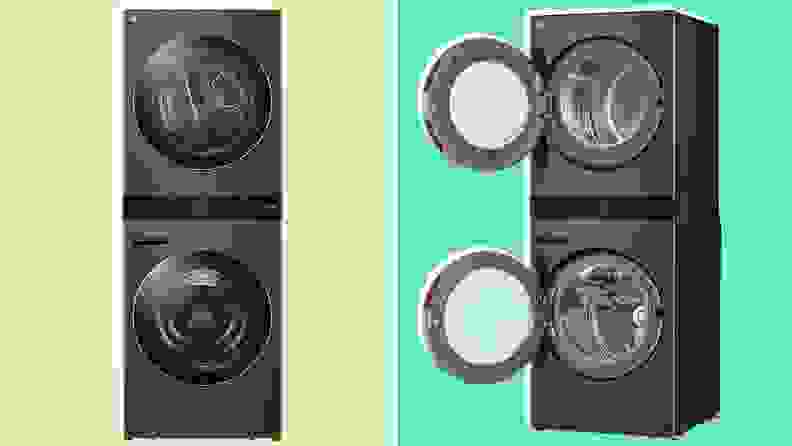 A side-by-side of the LG Washtower. On the left its doors are closed and on the right its doors are open. Both are floating on a colorful background.