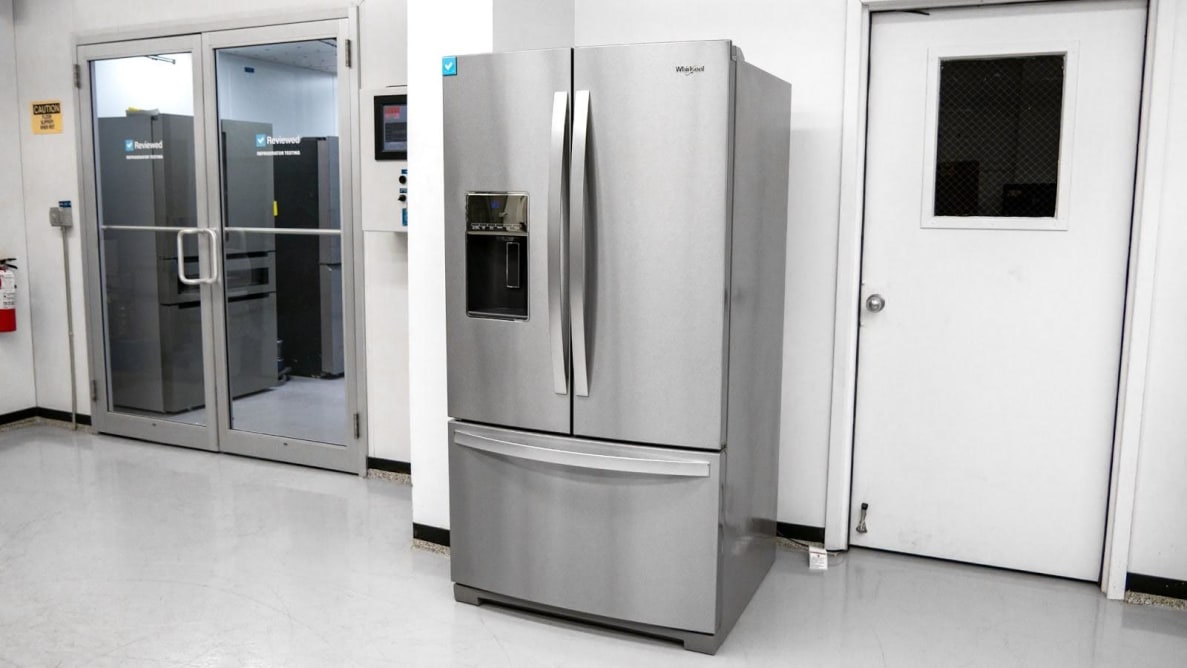 A wide shot of the Whirlpool WRF767SDHZ French-door refrigerator sitting outside our fridge testing labs.