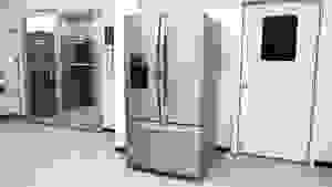 A wide shot of the Whirlpool WRF767SDHZ French-door refrigerator sitting outside our fridge testing labs.