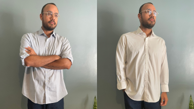 A man crossing arms in Twillory shirt, man with hand in pocket wearing white Twillory button-down shirt.