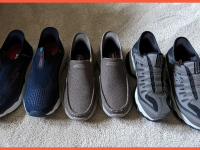 Three different pairs of the Sketcher Slip-Ins on carpet.