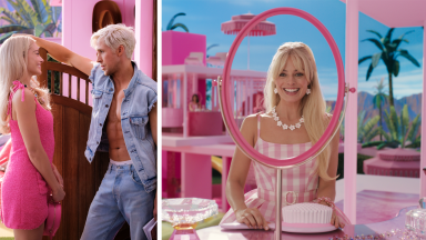 Film stills from ‘Barbie:’ On the left are Margot Robbie and Ryan Gosling as Barbie and Ken, on the right is Margot Robbie seated at a vanity.