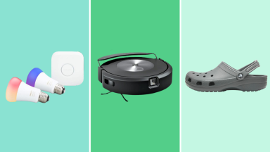 Smart lights, robot vacuum, and a Croc shoe against teal, green, and cyan backgrounds