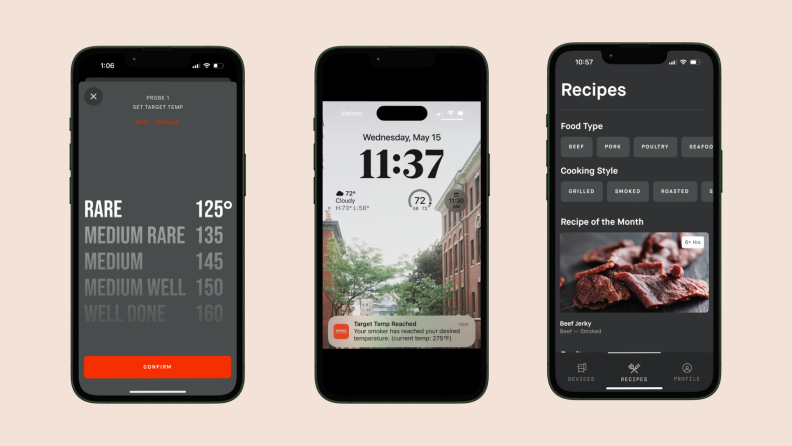 Three phone screens with screenshots from the Masterbuilt app and home screen notifcations