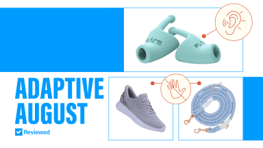 Flare hearing aids, Kizik shoes, and a hands-free leash on a white and blue background.