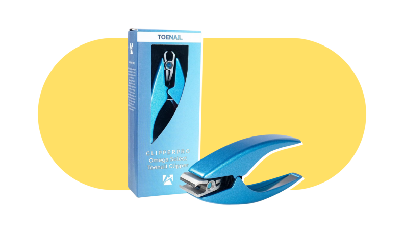 The Clipperpro toenail clippers on a yellow and white background