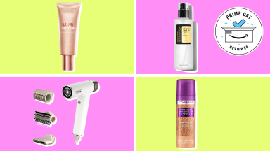 Collage of a highlighter from L'Oréal Paris, a serum from Cosrx, a hair dryer from Shark, and a foundation from CoverGirl in a four part collage.