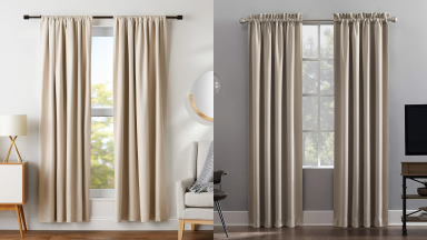 Amazon Basics Room Darkening Blackout Curtains on left and Sun Zero Oslo Theater Grade Extreme blackout curtains on right.