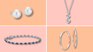 A collage featuring a pair of perl earrings, a diamond pendent, a sapphire diamond bracelet and hoop earrings.