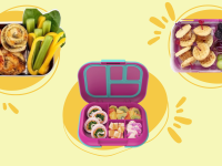 Colorful school lunches in bento boxes.