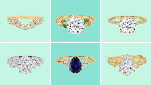 Grid of teal squares featuring six rings from the Brilliant Earth signature bridal collection.