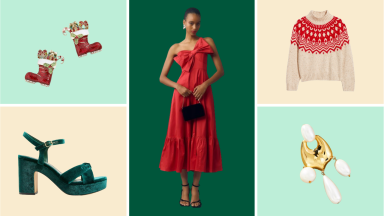 A pair of Santa boots earrings, a green high heel shoe, a model wearing a red dress, a Fair Isle sweater, and a gold and pearl earring.
