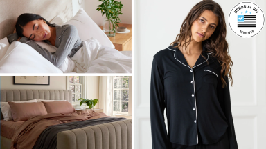 A collage with a Cozy Earth sheet set, a woman sleeping, and a woman modeling a robe next to a Memorial Day badge.