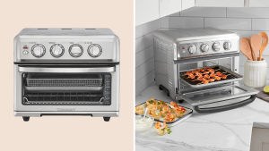Cuisinart air fryer and convection toaster oven on a kitchen counter with shrimp skewers cooking on the appliance's grill tray.
