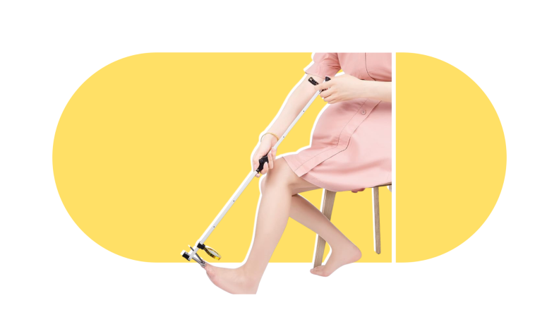 A woman uses the Depsunny toenail clippers. They have a long handle with clippers attached to the end.