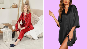 A woman wearing red sleeping pajamas and a woman in a black night gown.