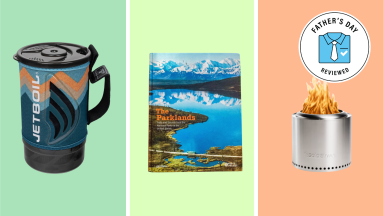 A solo stove, a Jetboil, and a book appear on a background.
