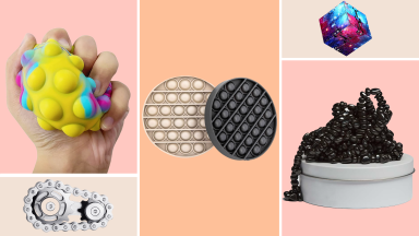 Assorted fidget toys for adults from retailers like Genuvi, Gatwey, Johan & John, Infinity Cube, and Speks