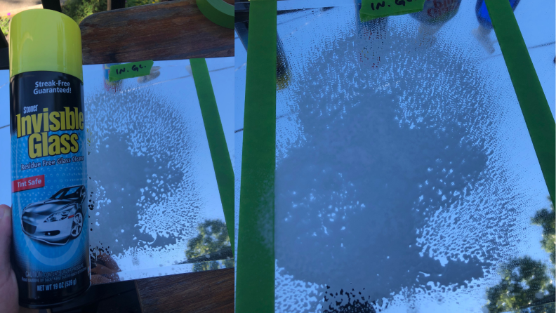 Spray from an aerosol can is shown on a mirror in a circular pattern